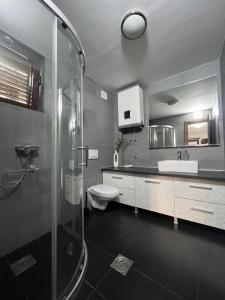 a bathroom with a shower and a toilet and a sink at Apartments Villa Stefan in Budva