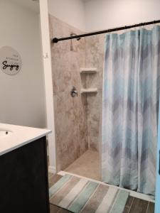 a bathroom with a shower with a shower curtain at New 3bed Close to Beaches and Attractions in Palm Coast +48 photos
