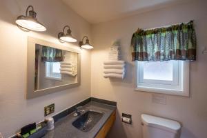 ein Badezimmer mit einem Waschbecken, einem Spiegel und einem WC in der Unterkunft Elk Horn Lodge in Cooke City