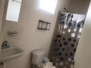 a bathroom with a sink and a toilet and a shower at Casa vacacional in Isla La Piedra