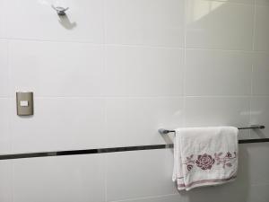 ein Handtuch, das auf einem Handtuchhalter im Bad hängt in der Unterkunft Condominio La Curva in Churín
