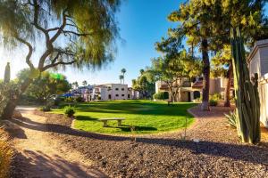 a park with a bench and trees and houses at Scottsdale Camelback Resort in Scottsdale