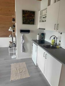 - une cuisine avec des placards blancs et un évier dans l'établissement Lobbk Hovedgade 22, 3720 Aakirkeby, à Åkirkeby
