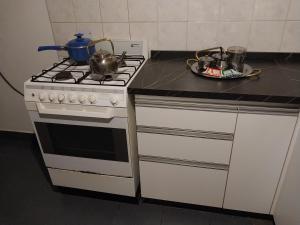 a kitchen with a stove with a pot on it at Espacio km3 in Comodoro Rivadavia