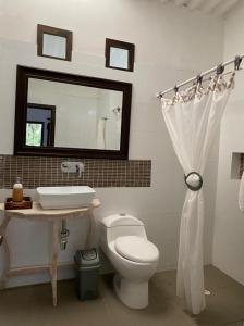 ein Badezimmer mit einem WC, einem Waschbecken und einem Spiegel in der Unterkunft Habitaciones con Baño privado - Finca Valentina in Anolaima