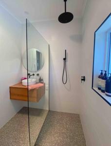uma casa de banho com um chuveiro, um espelho e um lavatório. em The Beech House-Hill views, peaceful location, 2BR em Tanunda