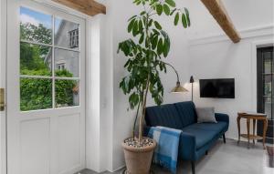 a living room with a blue couch and a plant at Nice Apartment In Ryomgrd With Wifi And 1 Bedrooms in Ryomgård