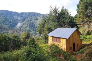ein kleines Holzgebäude auf einem Hügel mit Bäumen in der Unterkunft Cabaña El Descanso #1, Macho Mora Mountain Lodge in Alaska