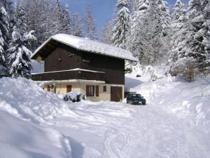 a snow covered cabin with a car parked in front of it at Chalet spacieux 10 pers. avec jardin, cheminée, cuisine équipée à Cohennoz, proche nature - FR-1-733-29 in Cohennoz