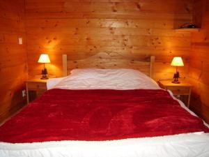 un lit dans une chambre en bois avec deux lampes dans l'établissement Chalet 8 pers. à 350m des pistes, 4 ch., WiFi, garage, poêle à bois, ensoleillé, Crest-Voland - FR-1-733-37, à Crest-Voland