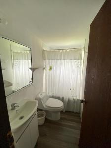 a bathroom with a toilet and a sink and a mirror at Casa familiar en sector residencial "HARE TOKE" in Hanga Roa