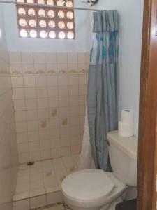 y baño con aseo y cortina de ducha. en Apartamento daly 1, en Guápiles