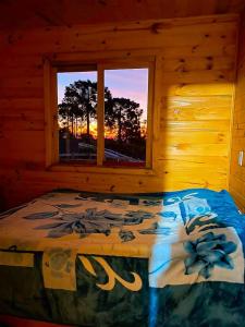 a bed in a log cabin with a window at Chalé Casa de campo para família! in Urubici