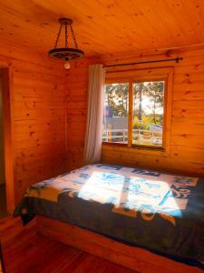 1 dormitorio con 1 cama en una cabaña con ventana en Chalé Casa de campo para família!, en Urubici