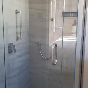 een douche met een glazen deur naast een bed bij View on Kihilla in Richmond