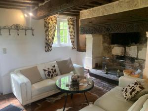 a living room with a couch and a fireplace at Gîte " Le Normand " Sa Vue Splendide in Vimoutiers