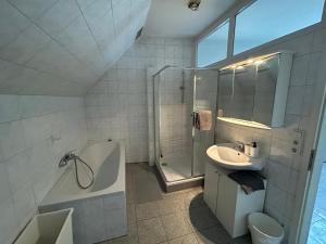 La salle de bains est pourvue d'un lavabo, d'une douche et de toilettes. dans l'établissement Weedenhof in Zornheim, à Zornheim