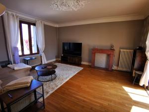 a living room with a couch and a tv at Chez Sandrine - Chambres avec pension ou demi pension in Gray-la-Ville