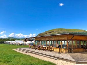 un bâtiment avec un dôme d'herbe au-dessus dans l'établissement Kayak Camp, Tsonjinboldog, à Narst