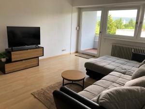 a living room with a couch and a flat screen tv at Ferienwohnung am Grütt in Lörrach
