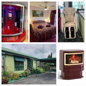 un collage de fotos de una habitación con chimenea y TV en Ballarat Aroma Cottage, en Ballarat