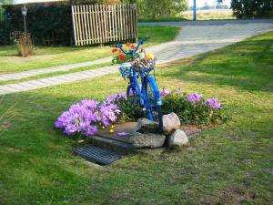 Una bicicleta azul sentada en el césped junto a las flores en Ferienhaus mit Boddenblick, en Middelhagen