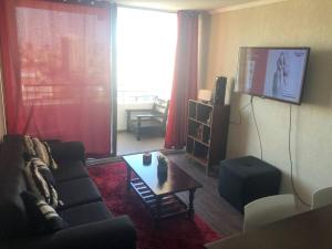 uma sala de estar com um sofá e uma televisão em Cómodo departamento Cerca de Metro em Santiago