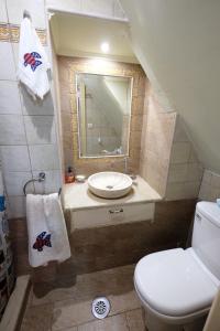 a bathroom with a sink and a toilet and a mirror at Castle Maisonette in Chios