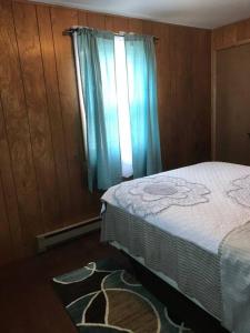 1 dormitorio con cama, ventana y alfombra en A Quaint, Private 1 Bdrm Apt, en South Bend