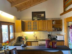 Beetle Villa retro country house في كينيتا: مطبخ بدولاب خشبي وقمة كونتر