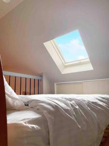 a bedroom with a large bed with a skylight at itotoi 糸島 in Itoshima