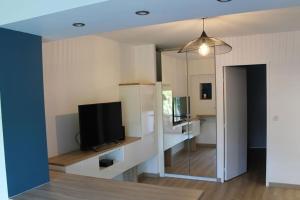 sala de estar con TV y espejo en Studio, jardin, clim & parking, en Saint-Cyr-sur-Mer