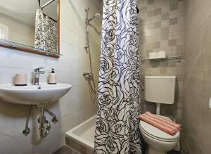 a bathroom with a sink and a toilet and a shower curtain at Apartments La Pergola in Rovinj