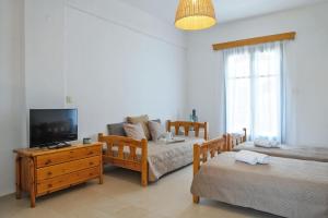 VIRI VIRI APARTMENTS في Lilikás: غرفة معيشة بها سريرين وتلفزيون