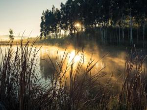 un cuerpo de agua con el sol reflejándose en el agua en Kinloch Lodge, en Dullstroom