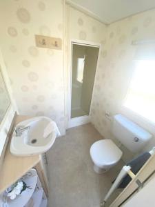 a small bathroom with a toilet and a sink at Seaside Holiday Home St. Osyth, Essex 2 Bathroom, 6 Berth with Country Views in Saint Osyth