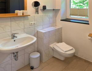 ein Bad mit einem Waschbecken und einem WC in der Unterkunft Himmelreich Rügen in Zirkow