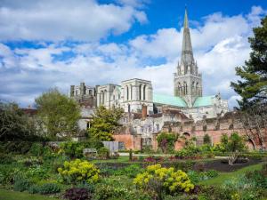 a view of the cathedral from the gardens at Honeysuckle Cottage in North Mundham