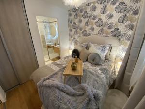 een slaapkamer met een bed met een tafel erop bij Le Jungle : T2 avec jardin et jacuzzi in Blagnac