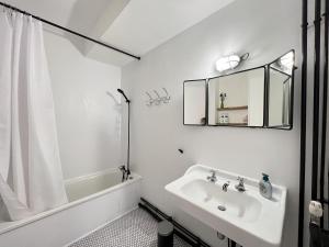 ein weißes Bad mit einem Waschbecken und einer Dusche in der Unterkunft Le Brooklyn - T2 à Compans avec vue remarquable in Toulouse