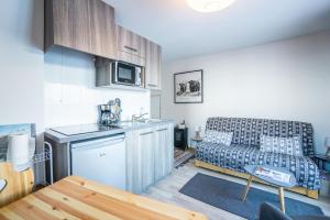 ein Wohnzimmer mit einem Sofa und einer Küche in der Unterkunft Chalet récent cœur station in Thollon