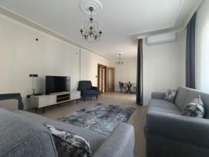 a living room with a couch and a tv at Clove Boutique House Apart in Akcaabat
