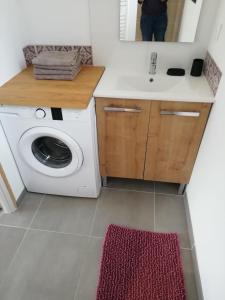 uma casa de banho com uma máquina de lavar roupa e um lavatório em Charmante Maison neuve au Lac d'Hourtin em Hourtin
