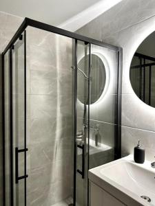 a bathroom with a glass shower and a sink at Wolfie Apartment, City Center in Vilnius