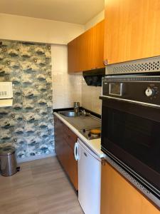 uma cozinha com um lavatório e um fogão forno superior em Studio Antonio em Menton