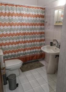 y baño con aseo, lavabo y cortina de ducha. en Nord Guesthouse, en Néos Pírgos