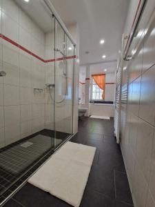 a bathroom with a shower and a glass shower stall at Hotel Aurichs in Meersburg +31 photos