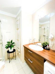 a bathroom with a sink and a mirror at Aquamarina Międzyzdroje Apartament 234 in Międzyzdroje