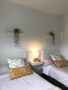 PolancoApartamentos Olga Cantabria的一间设有两张床和台灯的房间