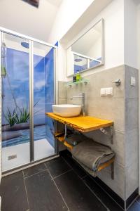 a bathroom with a sink and a glass shower at Albizia-Apartments in Baden